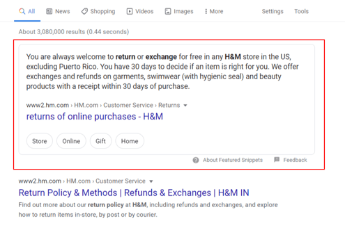 Answer Box Result for H&M return policy query
