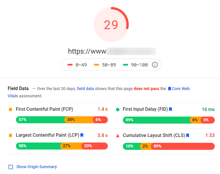 Red, yellow, and green bars indicating how a website performs for page speed. 